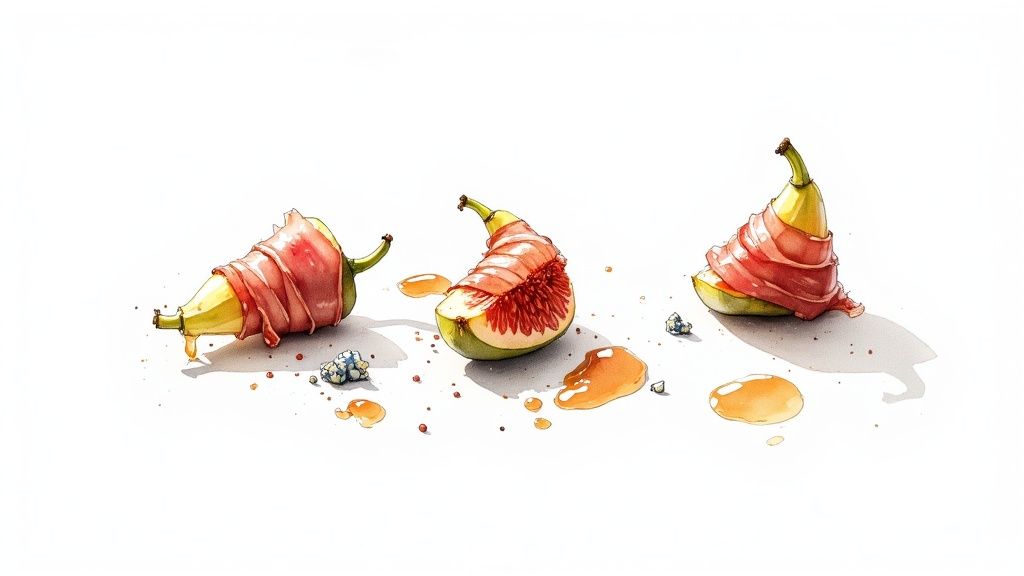 Elegant figs wrapped in prosciutto arranged on white surface with honey drizzle
