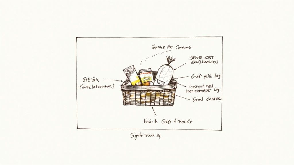 A hand-drawn illustration depicting a gift basket filled with various items and labeled descriptions.