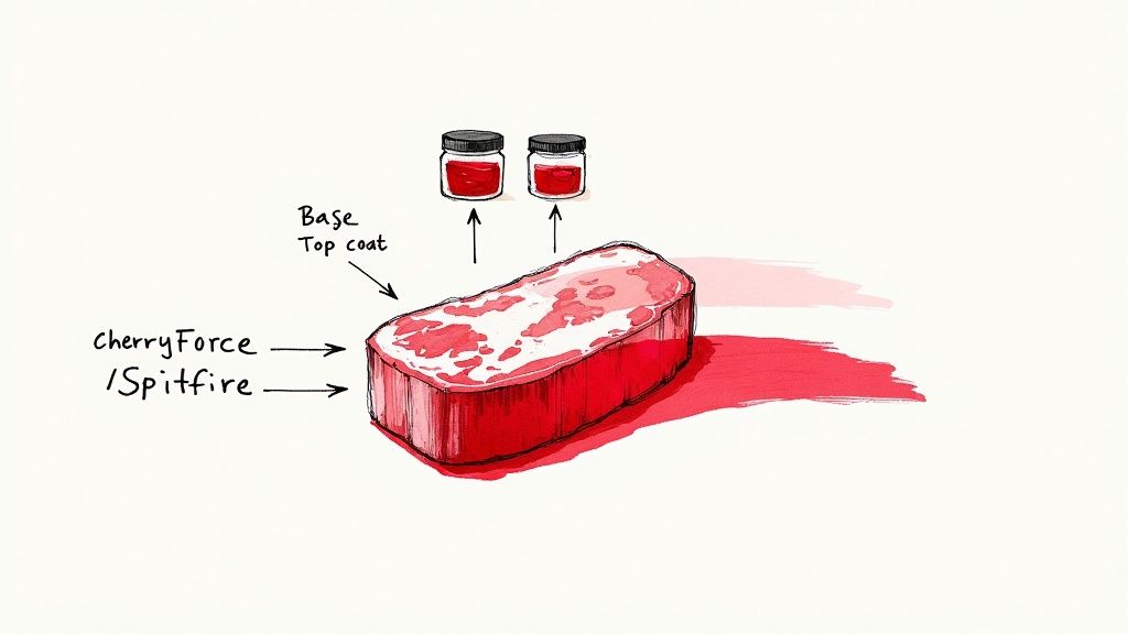 Multiple meat rub spices being layered onto a large cut of meat, showing the different textures and colours.