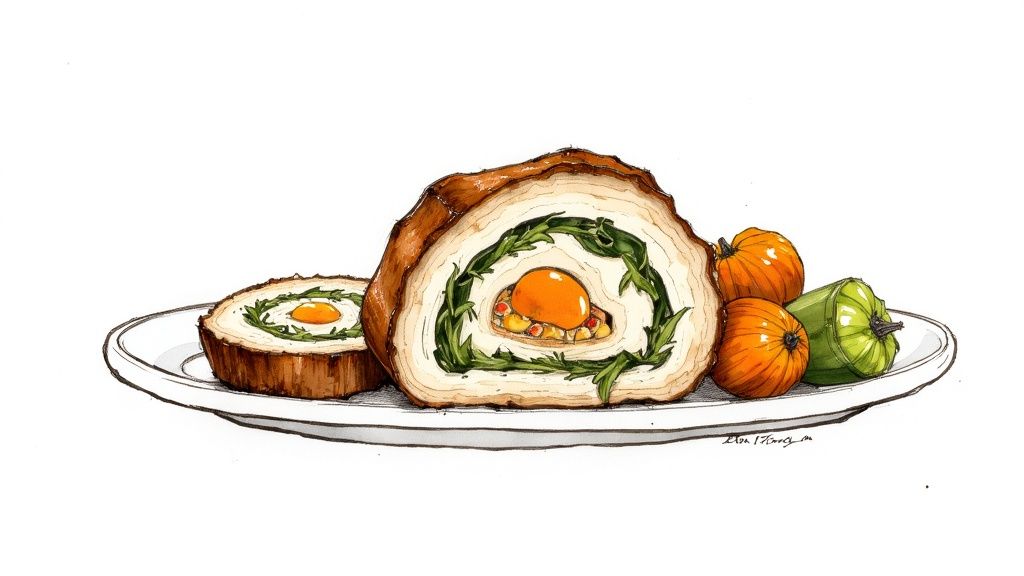 Watercolor illustration of a gourmet stuffed meat roulade slice revealing an egg, greens, and mini pumpkins.