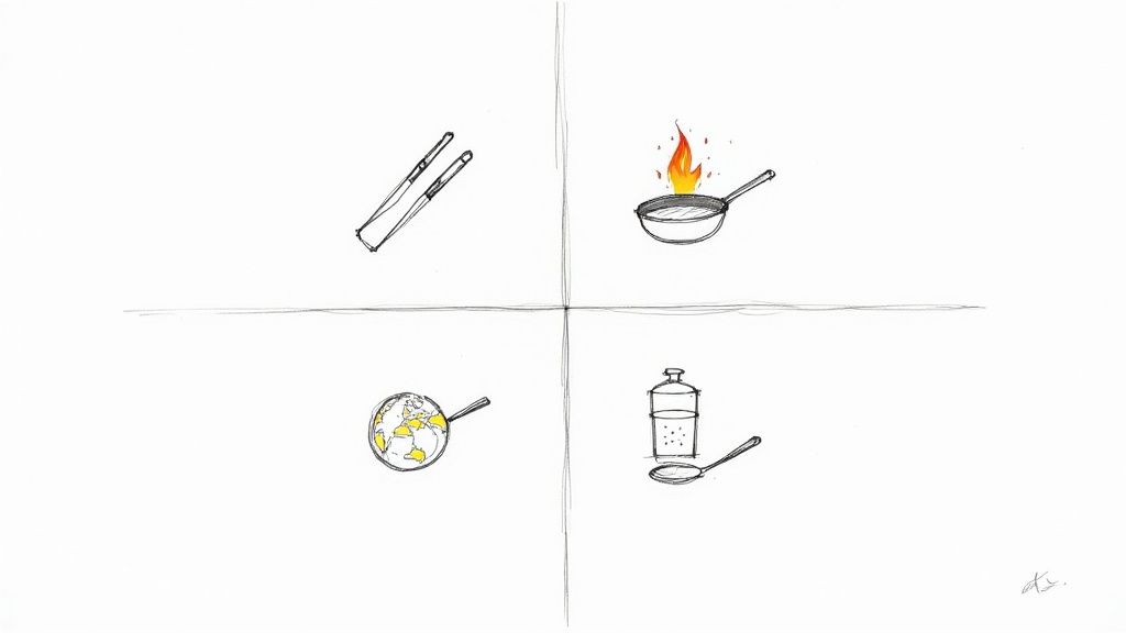 Hand-drawn sketches in four panels: chopsticks, a flaming pan, a world in a pan, and a glass with a spoon.