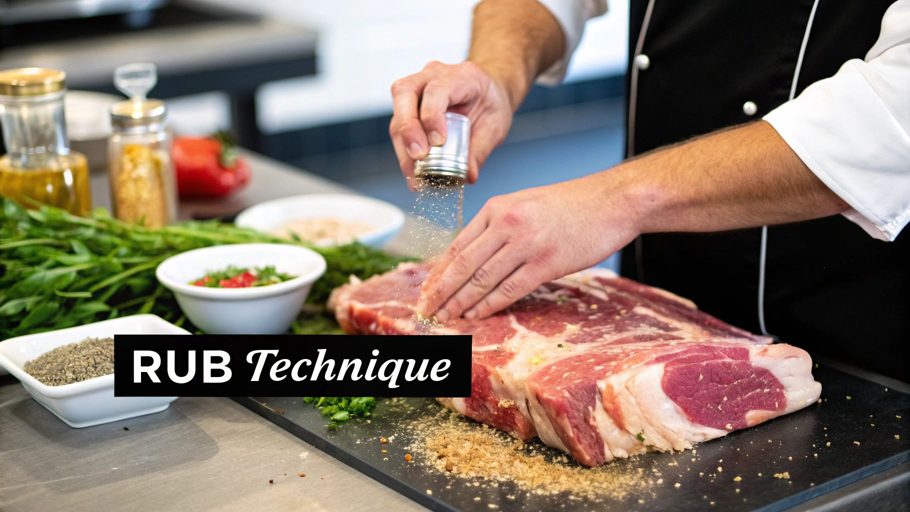A person's hands evenly applying a dark red meat rub seasoning to a large cut of raw beef.