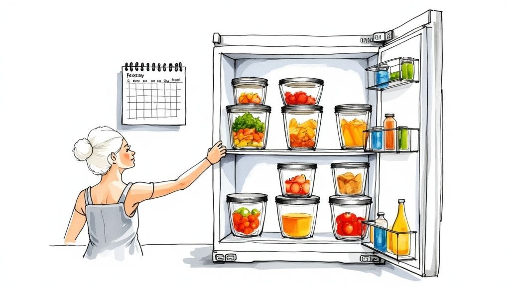 A woman organizing a refrigerator full of prepped meals and fresh food in containers.