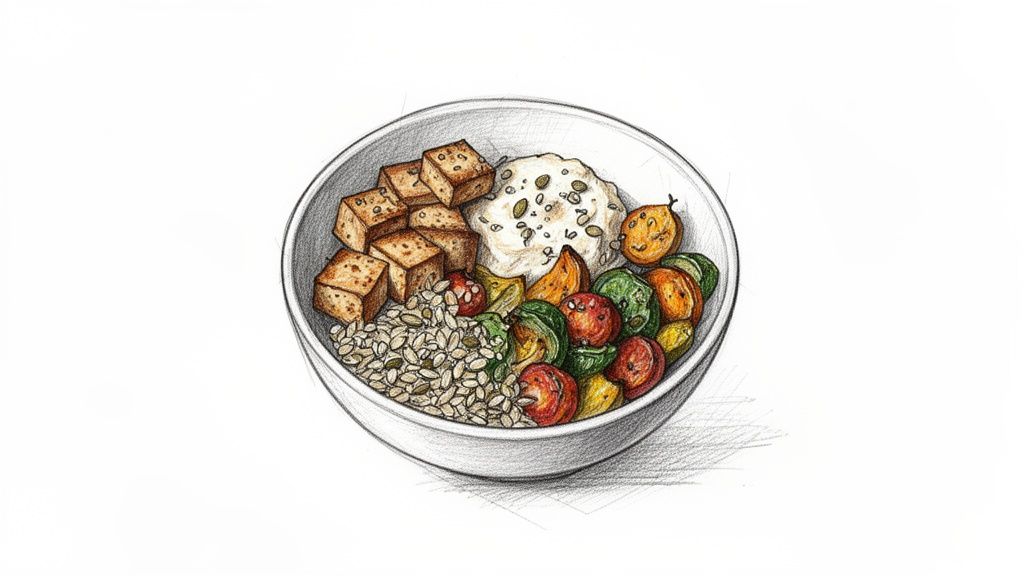 A colorful healthy meal bowl with tofu, mixed greens, grains, and creamy sauce, hand-drawn illustration.