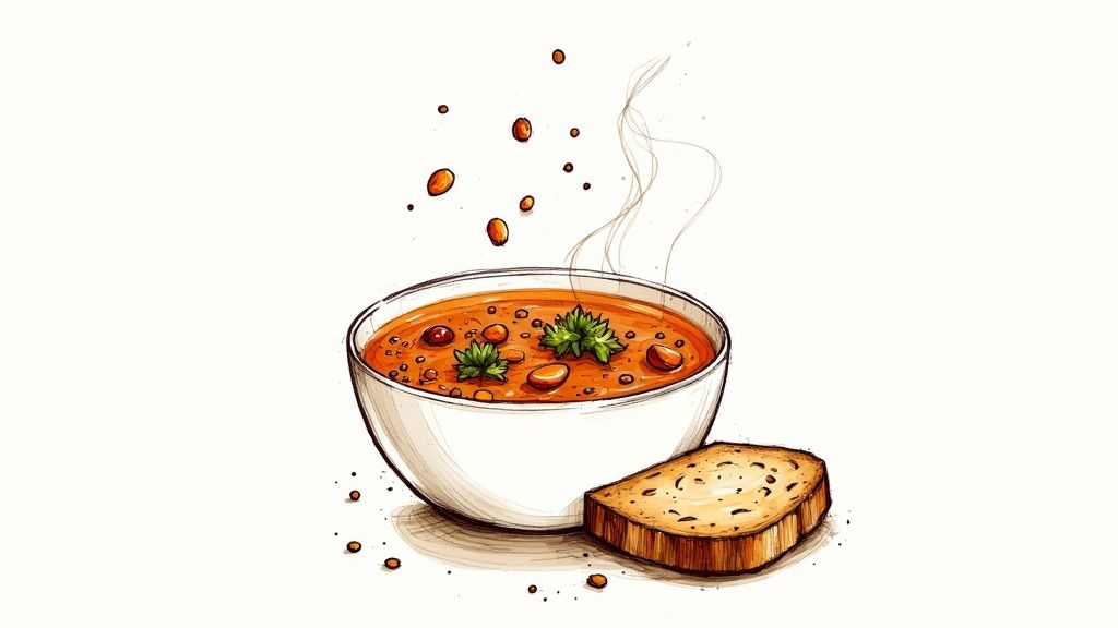 A vibrant illustration of a steaming bowl of orange lentil soup with parsley, accompanied by a slice of bread.
