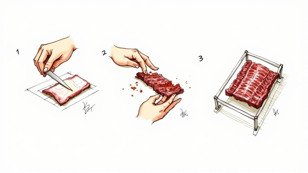 A rack of beef ribs being seasoned generously with a dark BBQ rub.