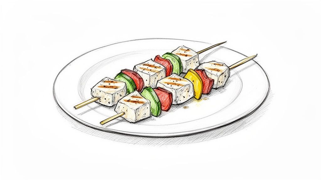 Illustration of two grilled skewers featuring tofu cubes and colorful bell peppers on a white plate.