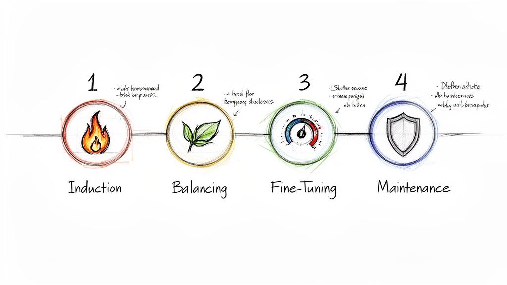 Illustrative diagram presenting a four-step process: Induction, Balancing, Fine-Tuning, and Maintenance with icons.