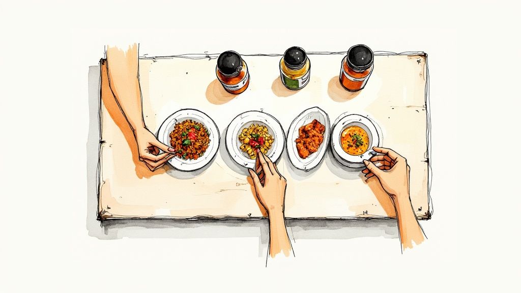 Overhead watercolor illustration of three pairs of hands sharing four colorful dishes and three spice jars on a table.