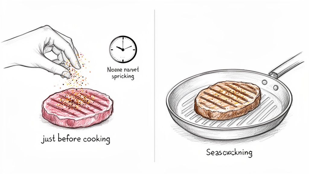Humorous illustration of seasoning a raw steak before cooking and a perfectly grilled steak in a pan.