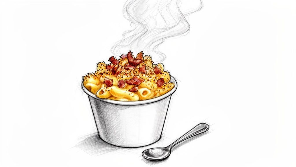 A delicious illustration of hot bacon mac and cheese in a cup, served with a spoon.