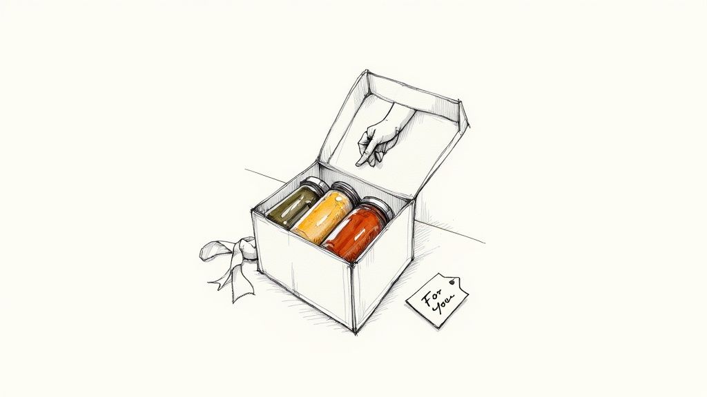 A gift box of BBQ seasonings being personalised with a handwritten note.