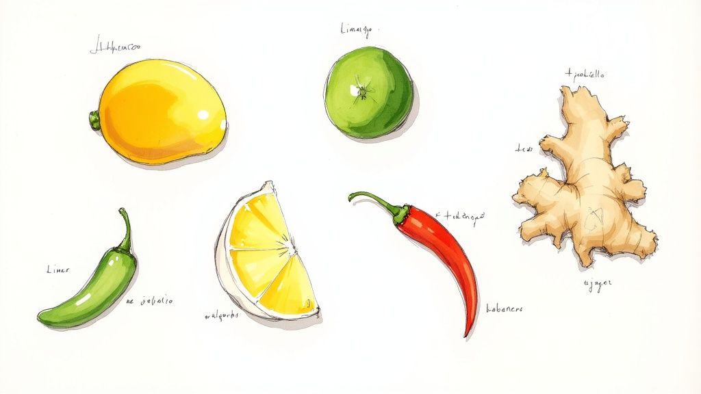 Different types of mangoes and chili peppers arranged on a wooden surface.