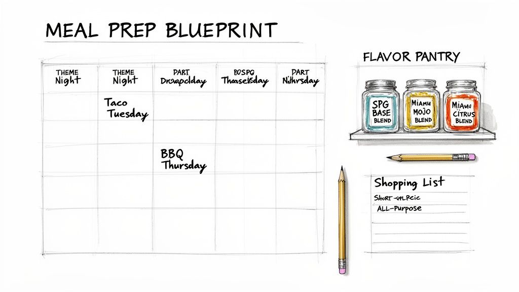A detailed meal prep blueprint featuring a weekly plan, flavor pantry, and a shopping list.