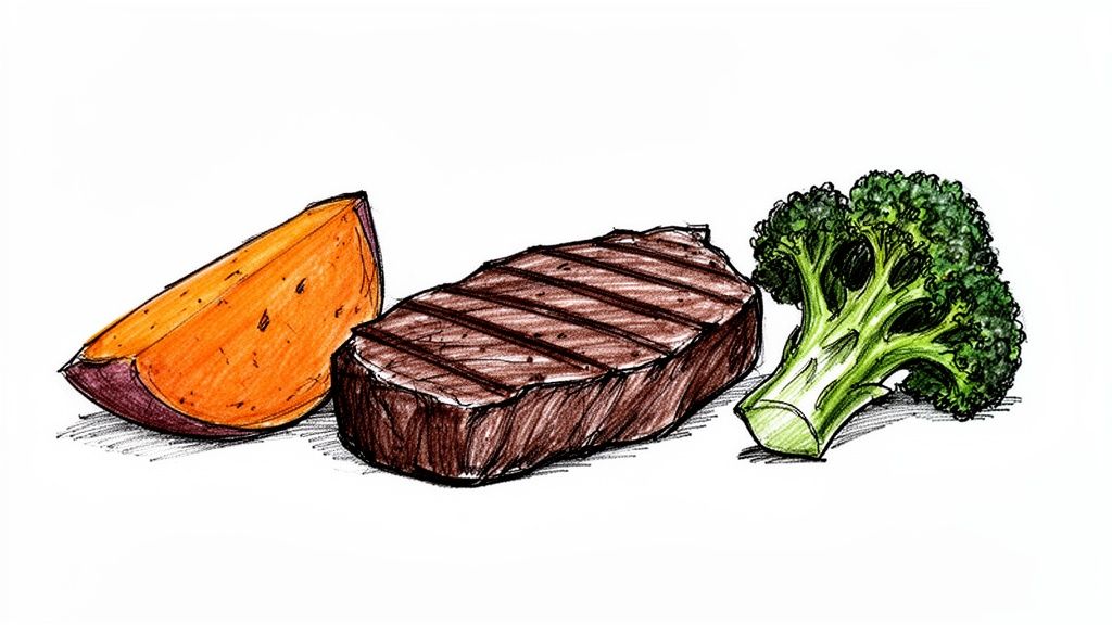 A colorful sketch of a healthy meal featuring grilled steak, sweet potato, and broccoli on a white background.