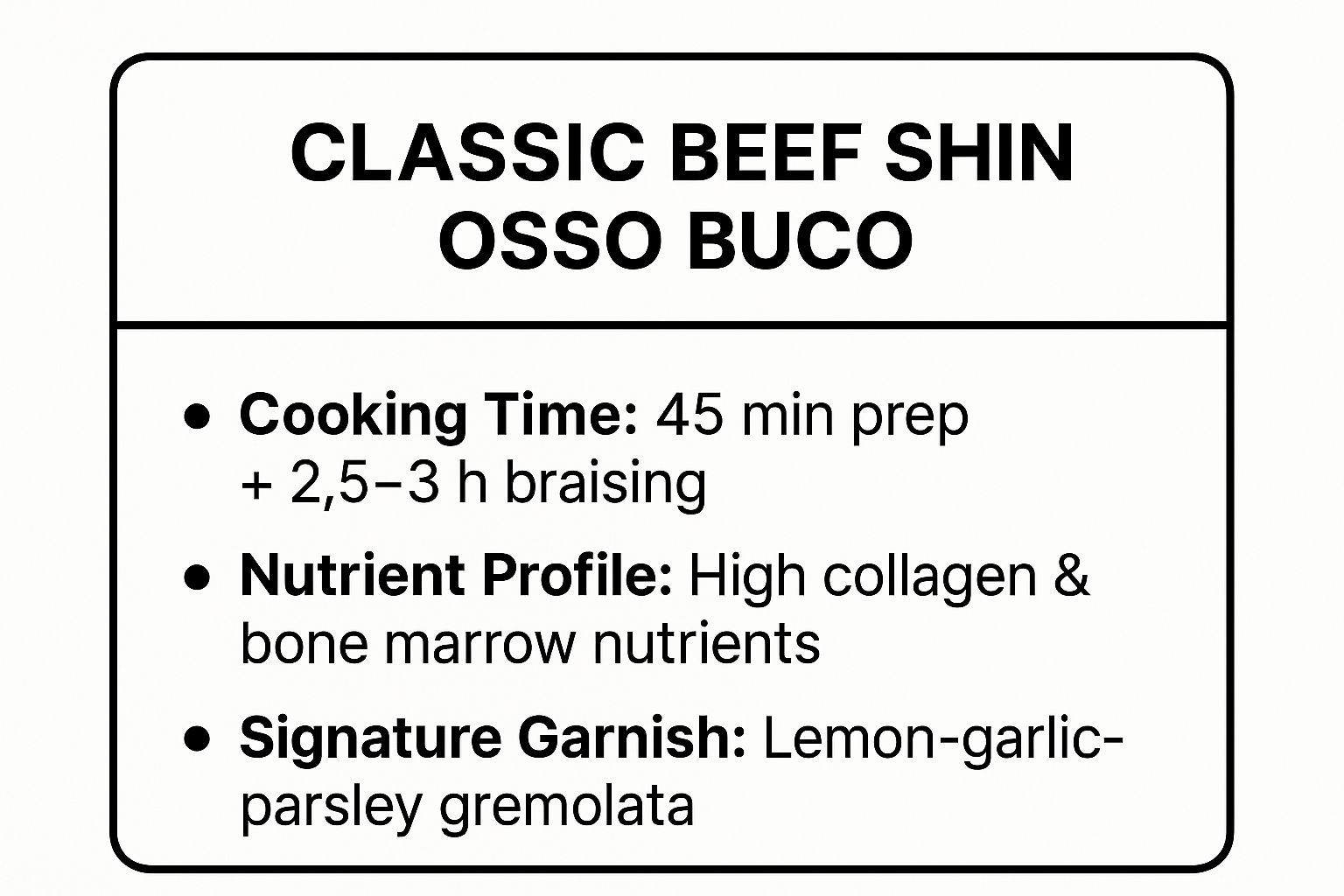 Infographic showing key data about Classic Beef Shin Osso Buco (Italian Style)