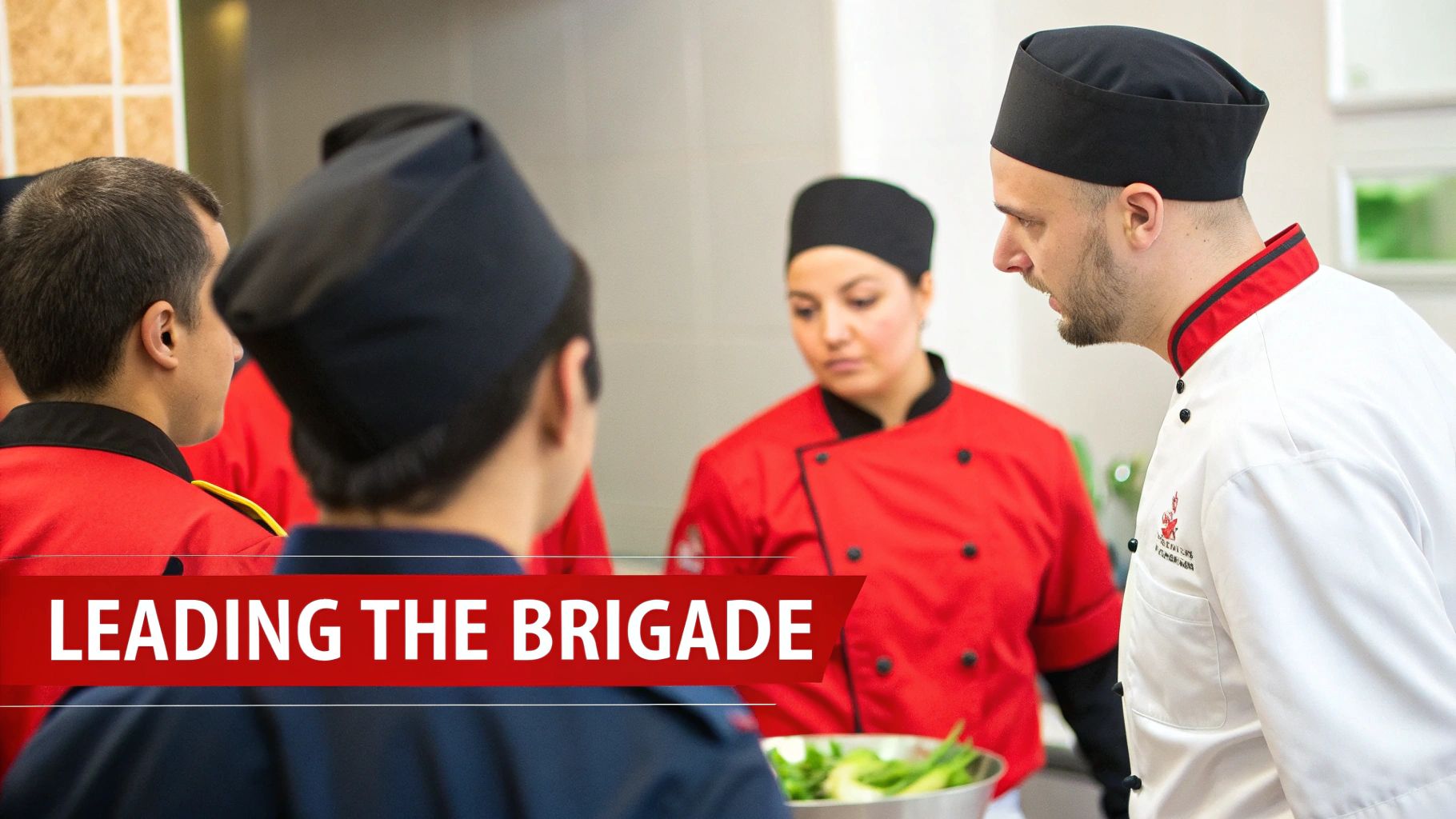 A male head chef in a white uniform talks to his culinary brigade in a professional kitchen.