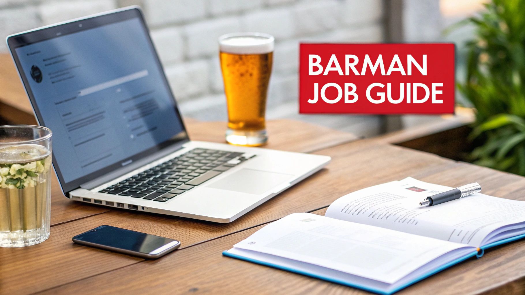 A laptop, beer, water, phone, and an open book on a table with a 'Barman Job Guide' sign.