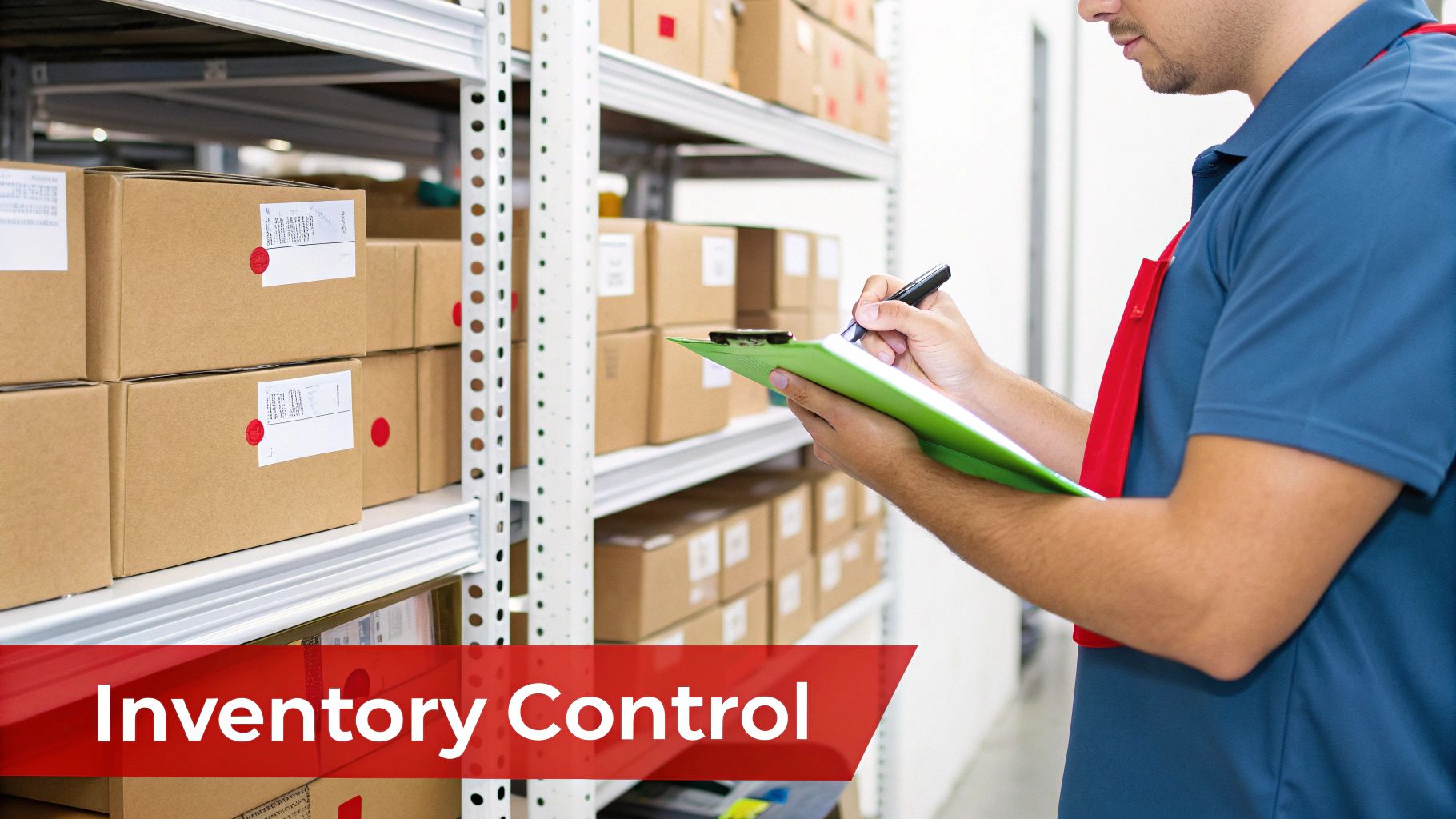A person in a warehouse checking inventory, writing on a clipboard amidst shelves of cardboard boxes.