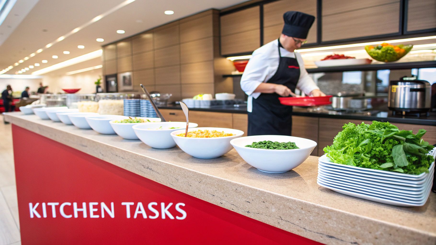 A chef in a black apron works at a modern buffet line with various fresh food bowls.
