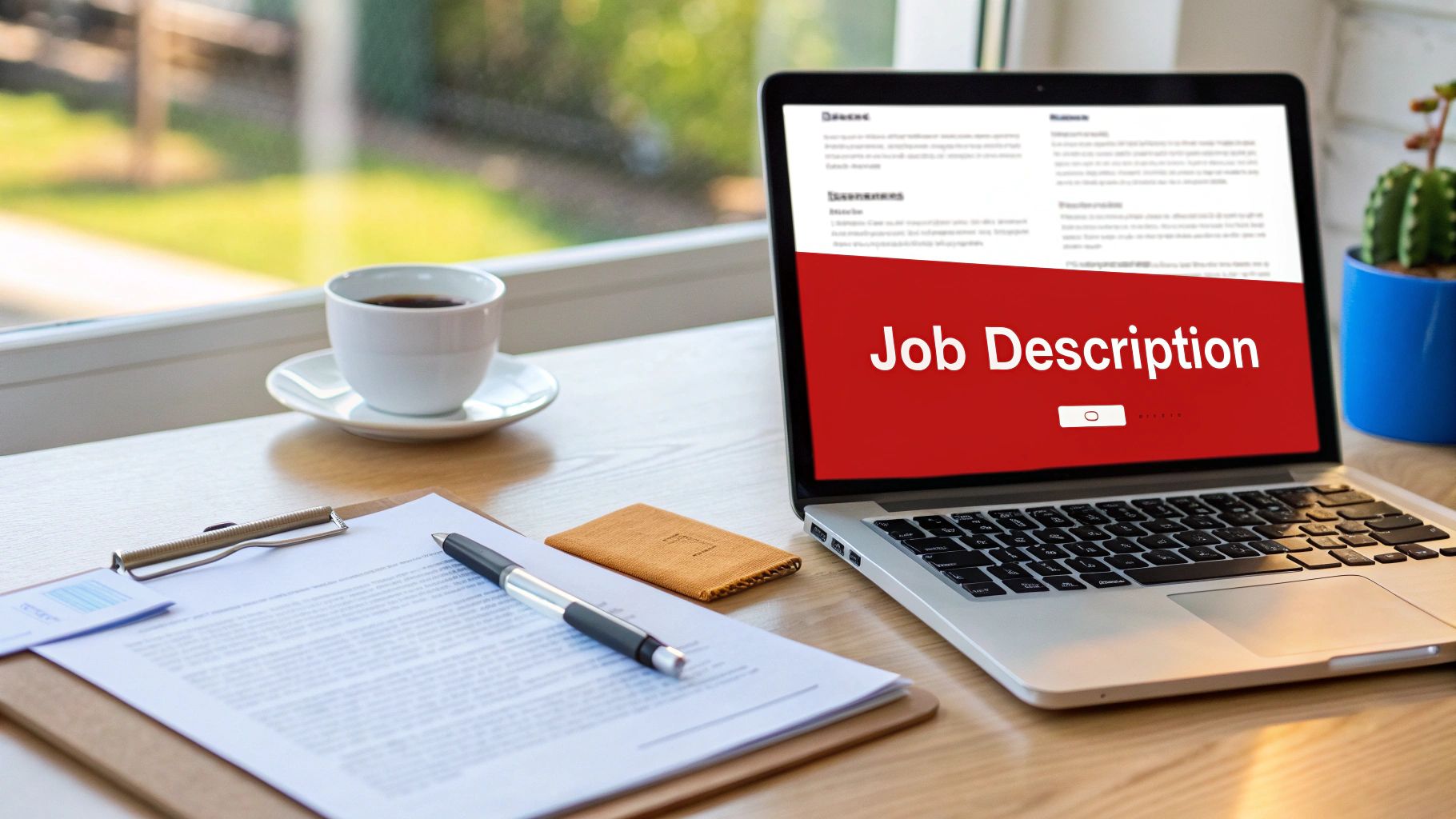 A desk with a laptop displaying 'Job Description', a coffee cup, and documents, suggesting a hiring process.