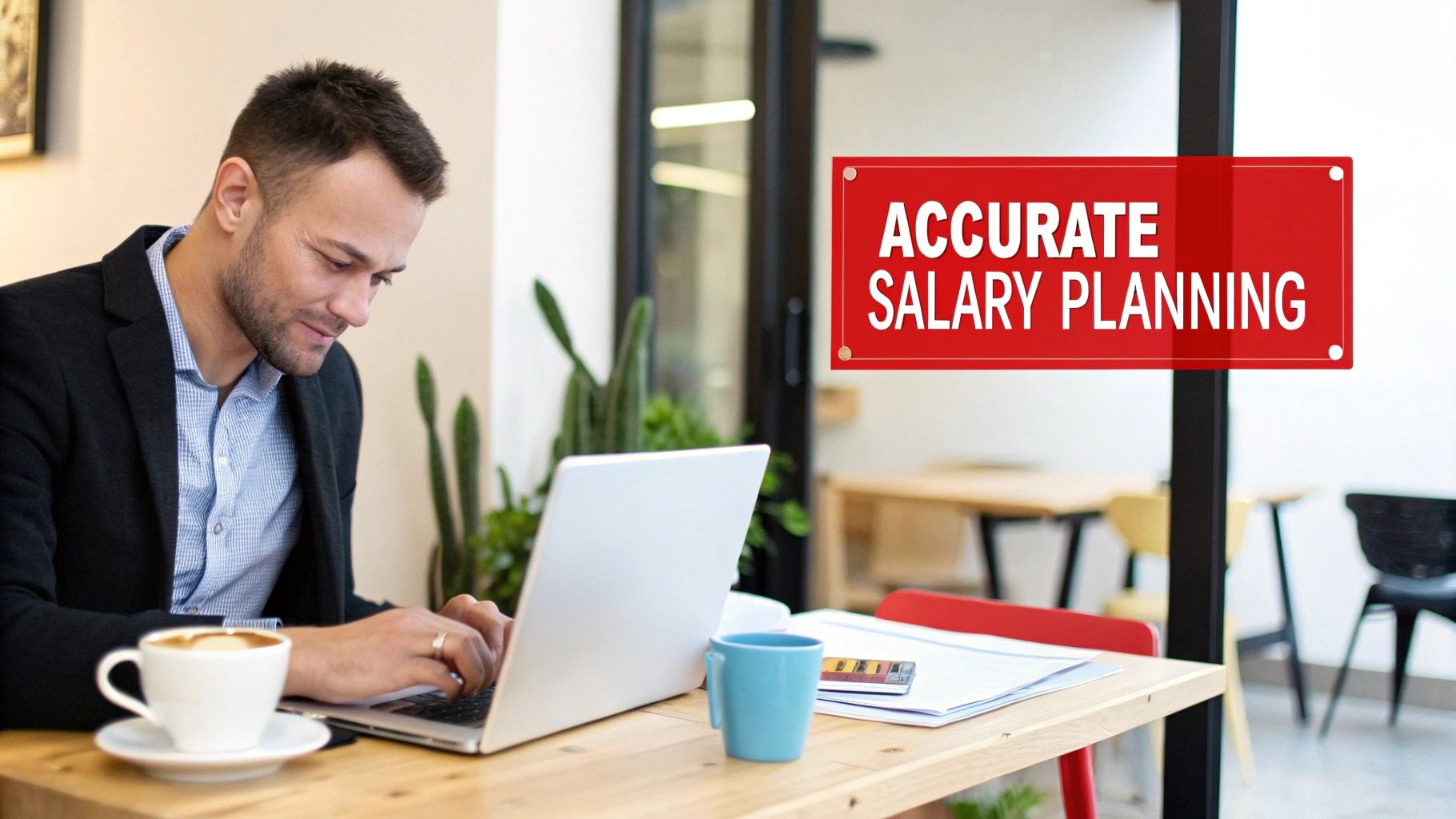 A man works on a laptop at a table with coffee, next to a red sign for accurate salary planning.