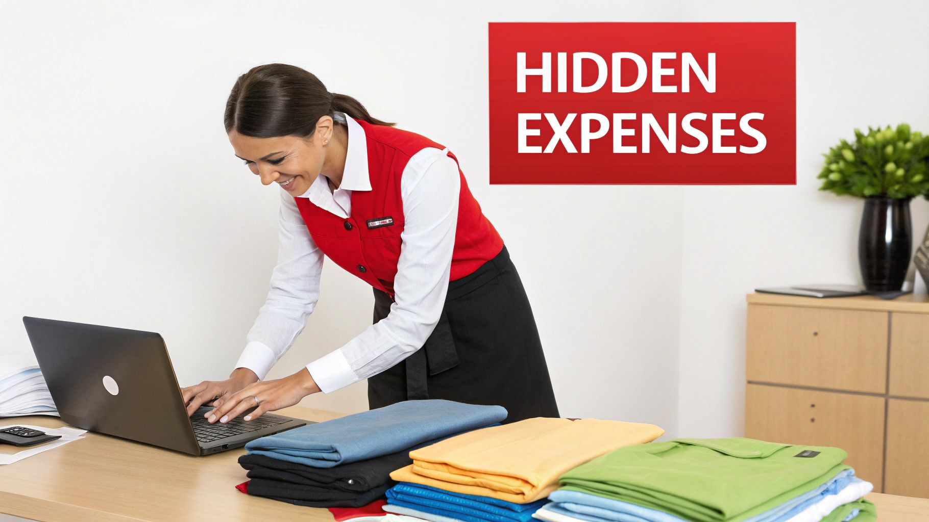 A smiling woman in a red uniform vest works on a laptop, with folded clothes and a 'HIDDEN EXPENSES' sign.