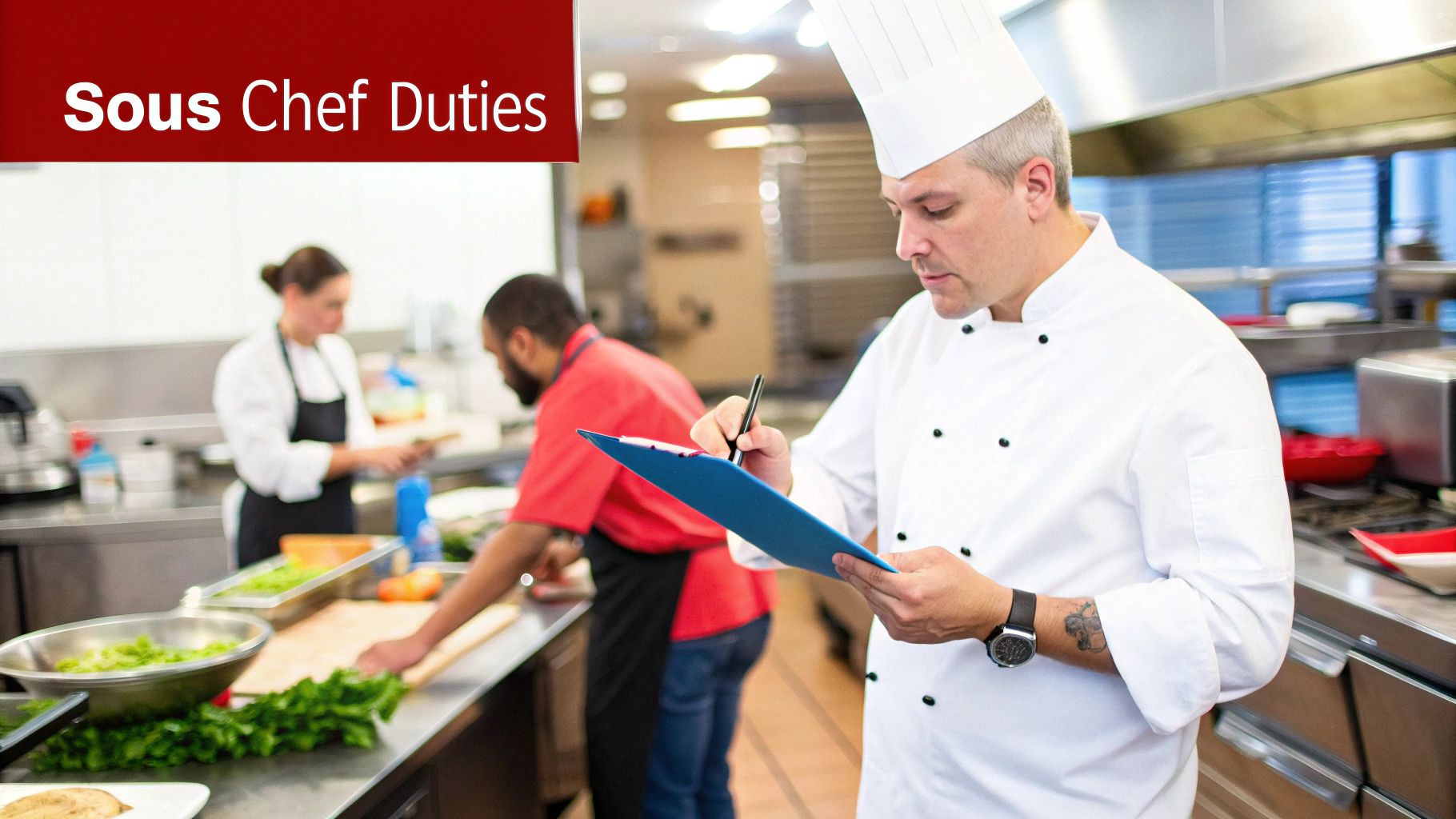 A male sous chef in uniform writes on a clipboard in a busy professional kitchen with other chefs.
