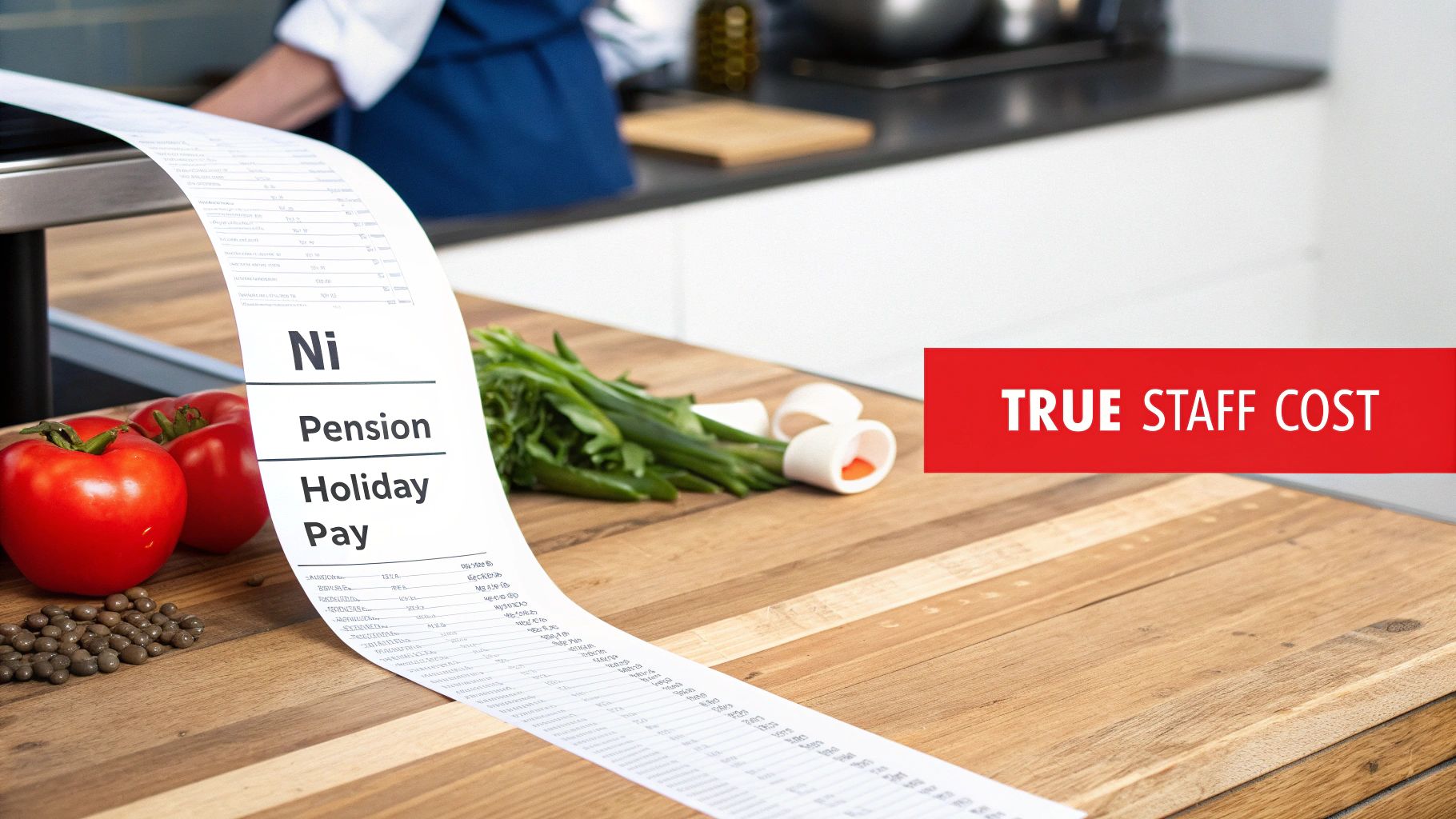 A long receipt labeled "Ni, Pension, Holiday Pay" stretches across a kitchen counter, highlighting "TRUE STAFF COST".