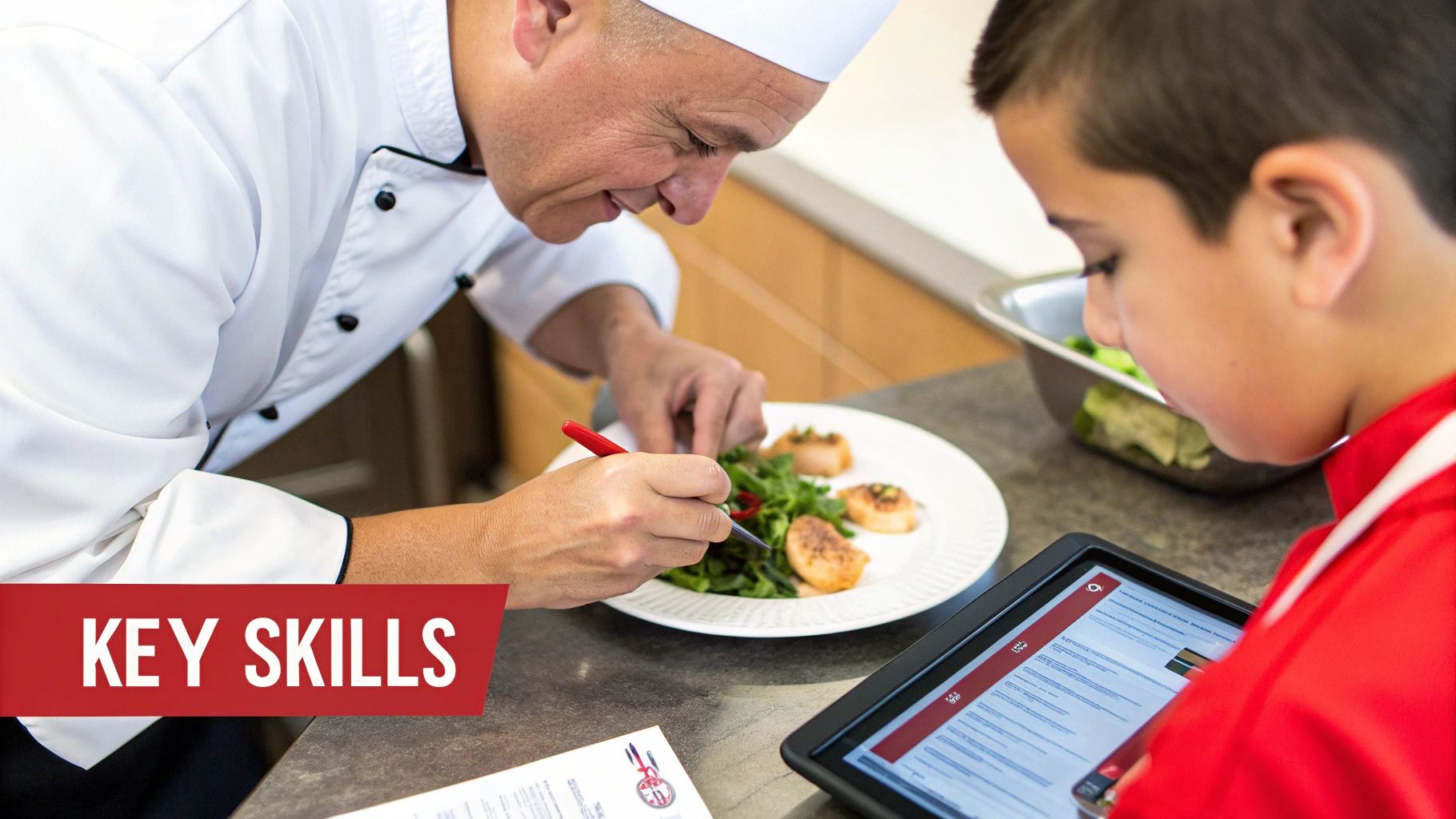 A chef meticulously plates food while a young boy observes on a tablet, learning culinary key skills.