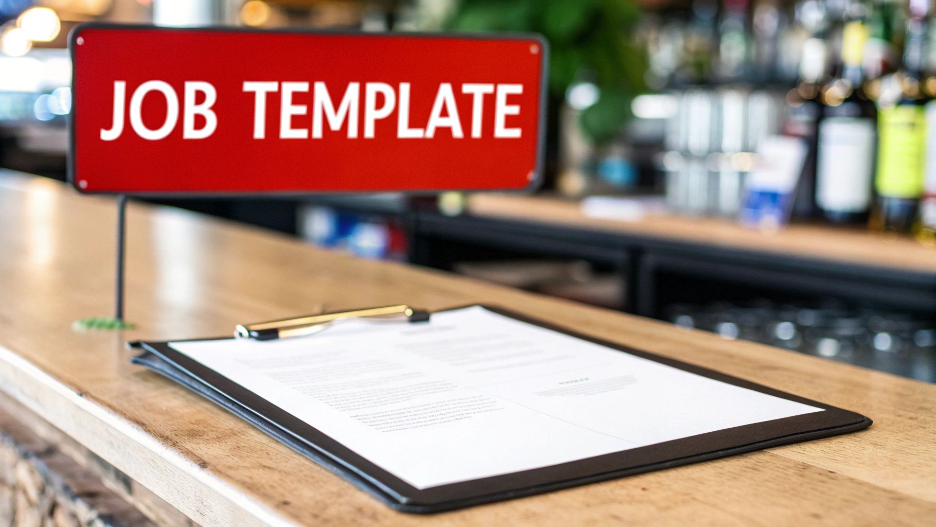 A red sign displaying 'JOB TEMPLATE' on a wooden bar counter next to a document and pen.