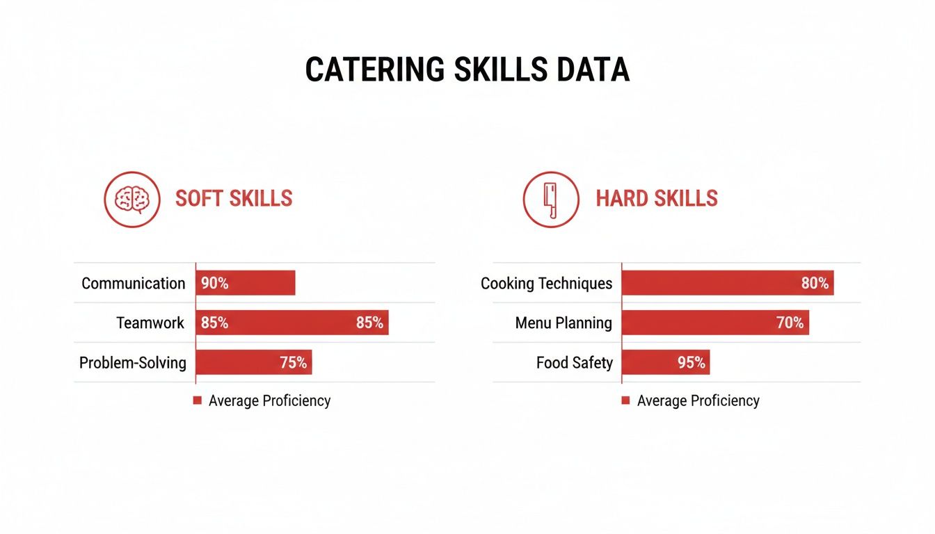 Bar charts displaying catering soft skills and hard skills proficiency data, including communication, teamwork, and cooking.