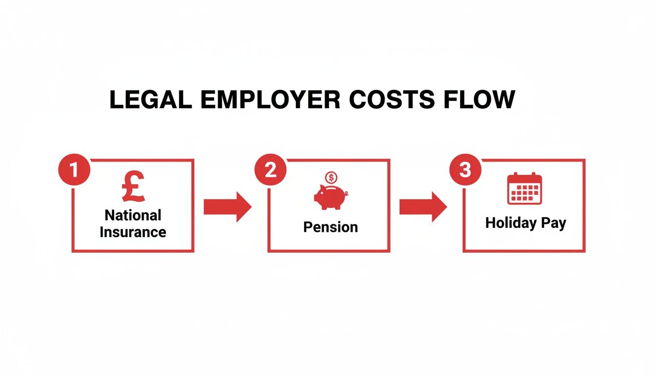 A flow diagram showing legal employer costs: National Insurance, Pension, and Holiday Pay in sequence.
