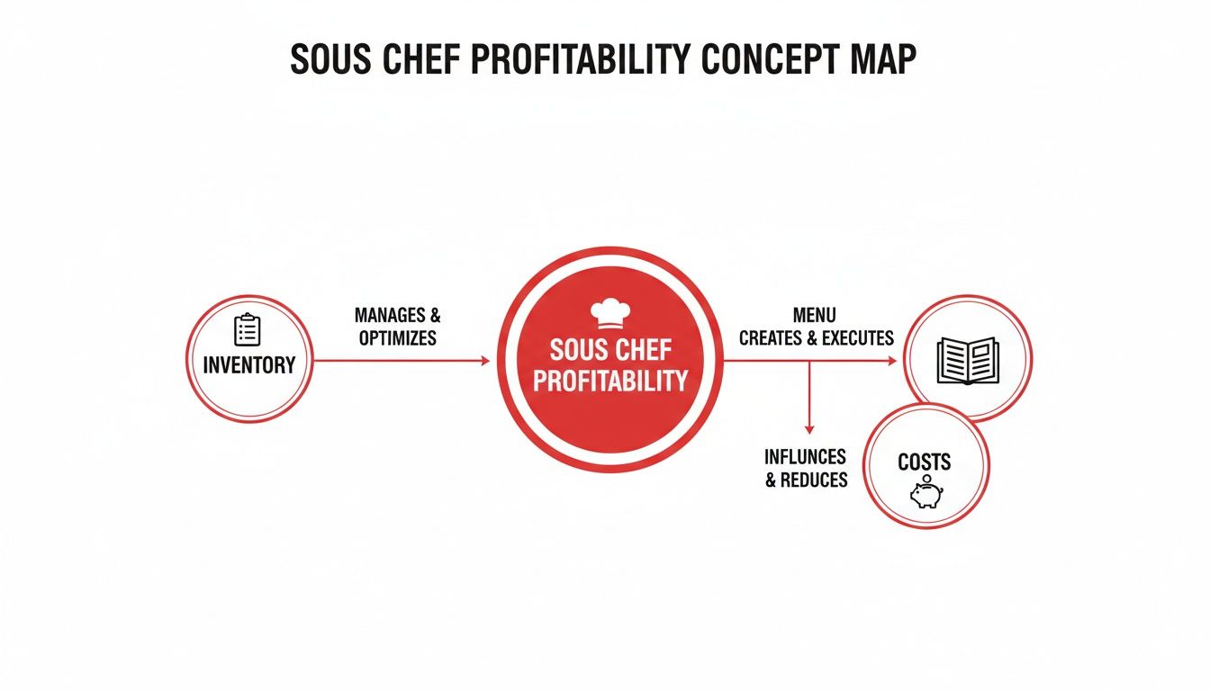 Concept map illustrating how a sous chef's management of inventory and menu impacts profitability and costs.