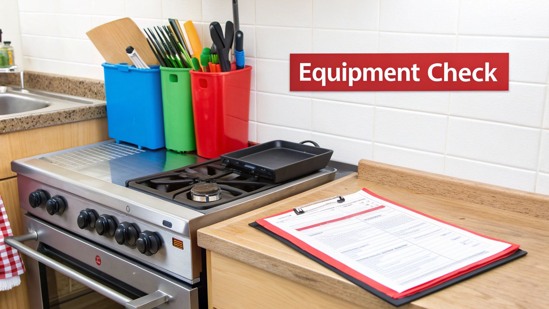 A commercial kitchen with a stove, sink, colorful utensil holders, and an equipment check document.