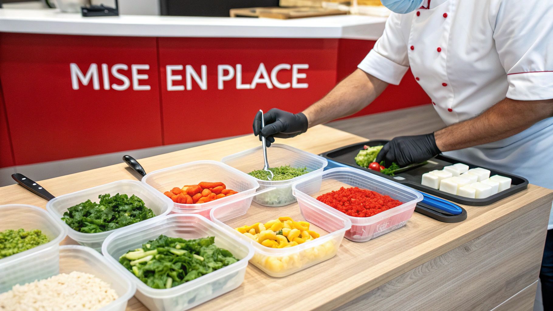 A chef in gloves arranges fresh chopped ingredients in plastic containers on a wooden counter for meal preparation.