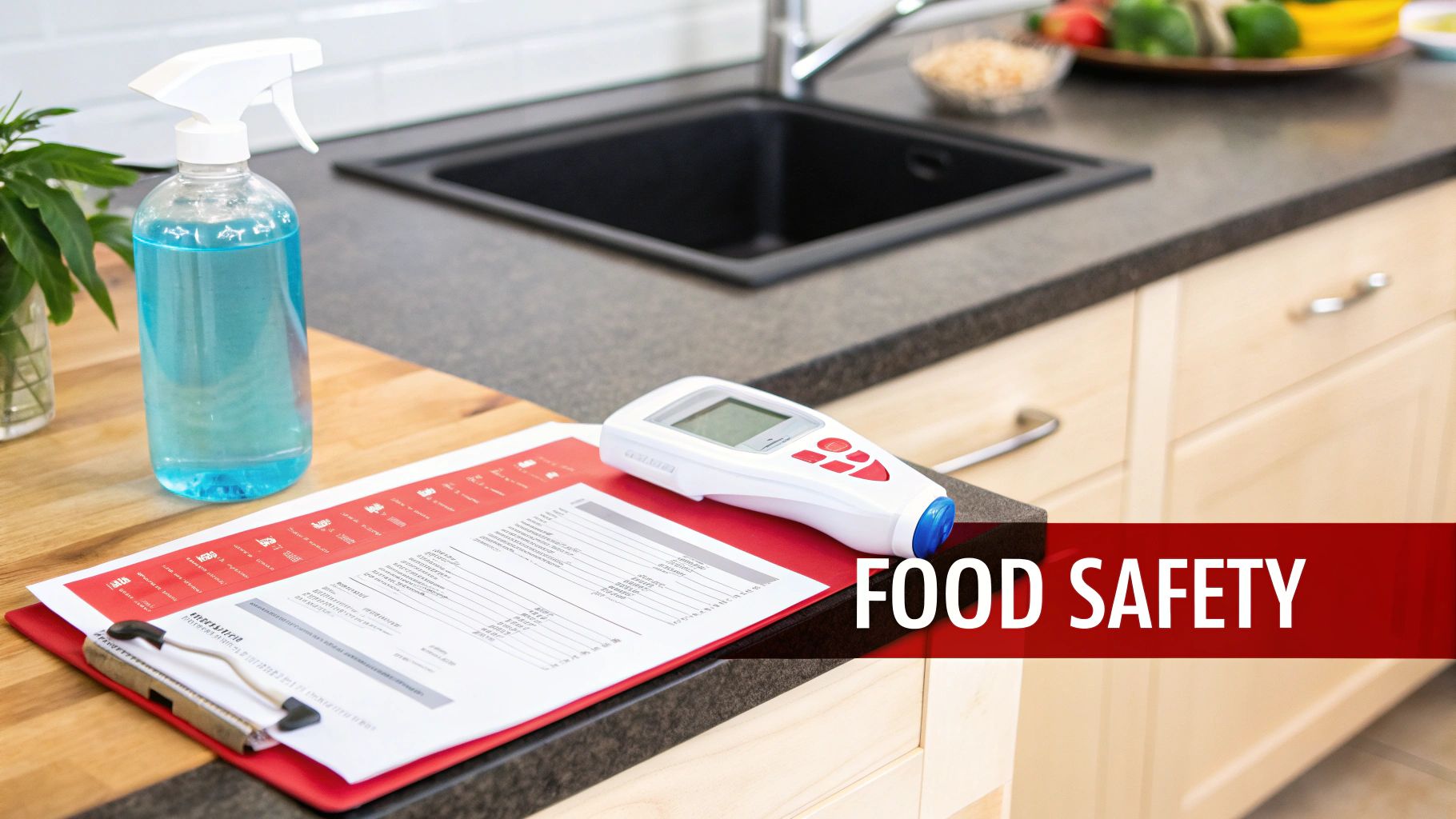 Food safety equipment and checklist on a kitchen counter next to a sink, highlighting hygiene.