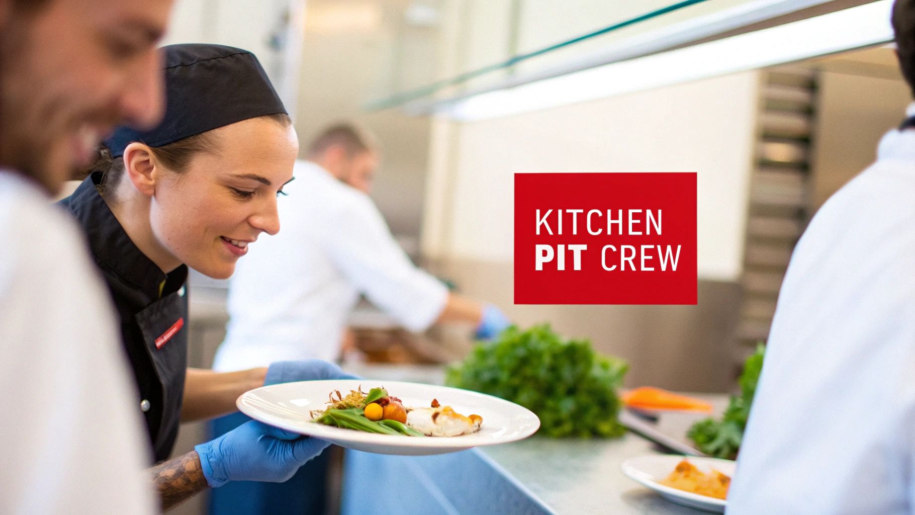 A smiling female chef in a black uniform and blue gloves presents a gourmet dish in a professional kitchen.