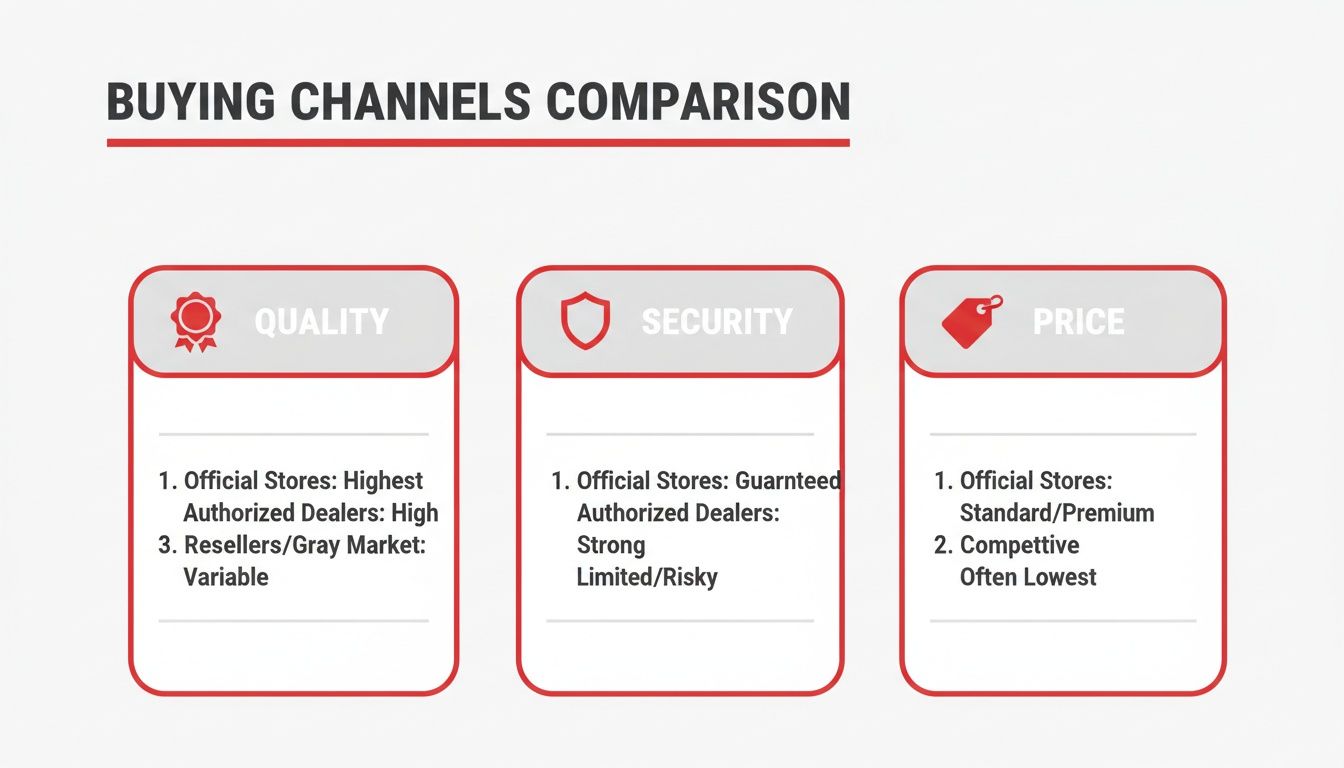 Infographic comparing quality, security, and price of products from official stores, authorized dealers, and resellers.