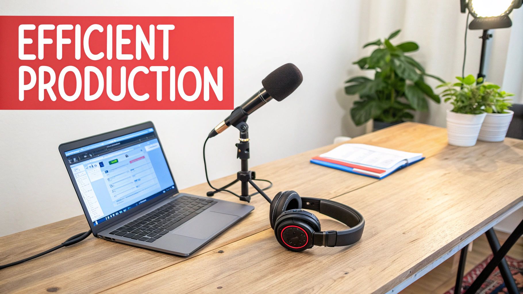 A modern podcasting or content creation setup with a laptop, microphone, and headphones, highlighting "EFFICIENT PRODUCTION."