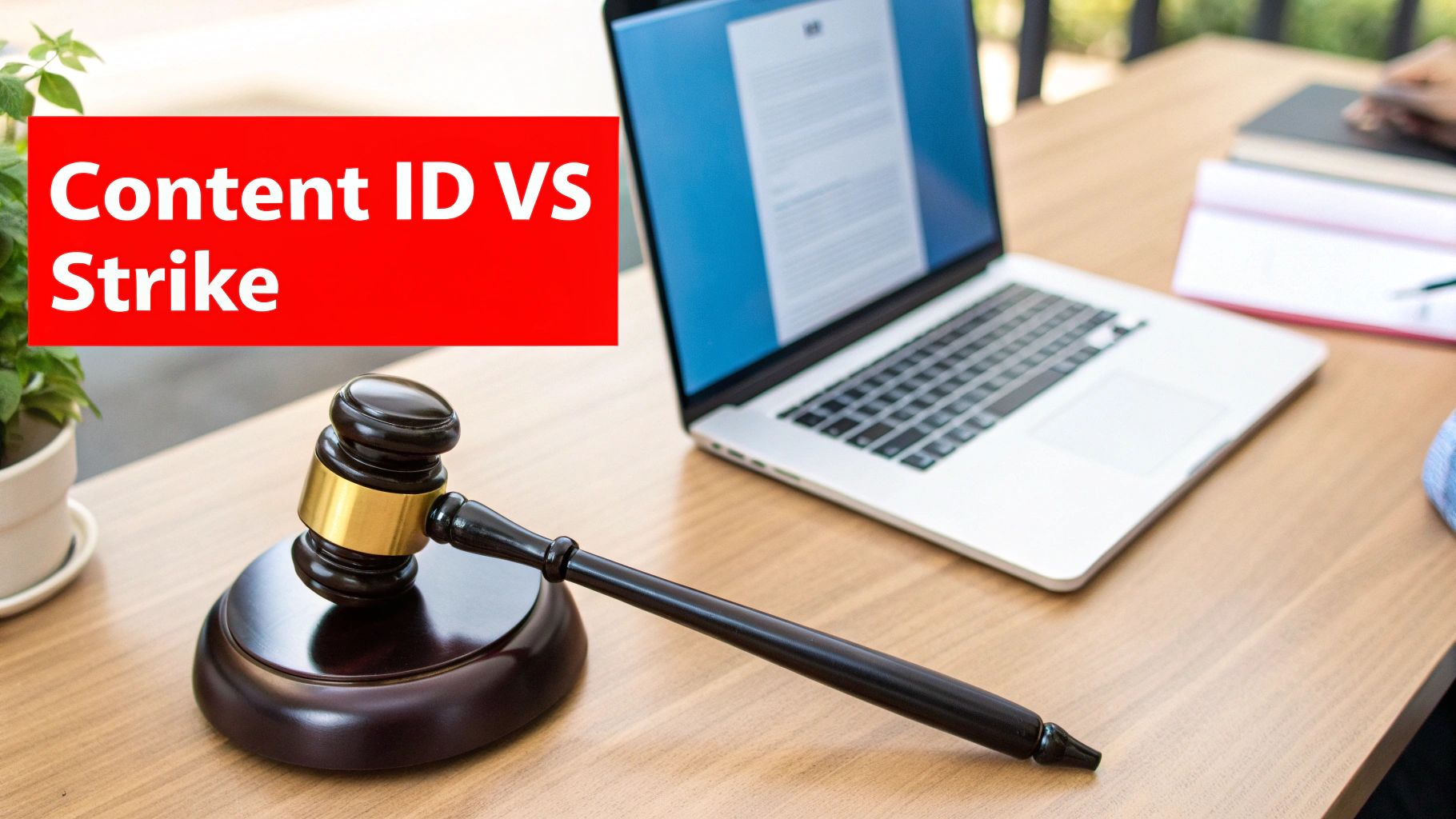 A gavel and laptop on a wooden desk with a plant, featuring a red banner with 'Content ID VS Strike' text.