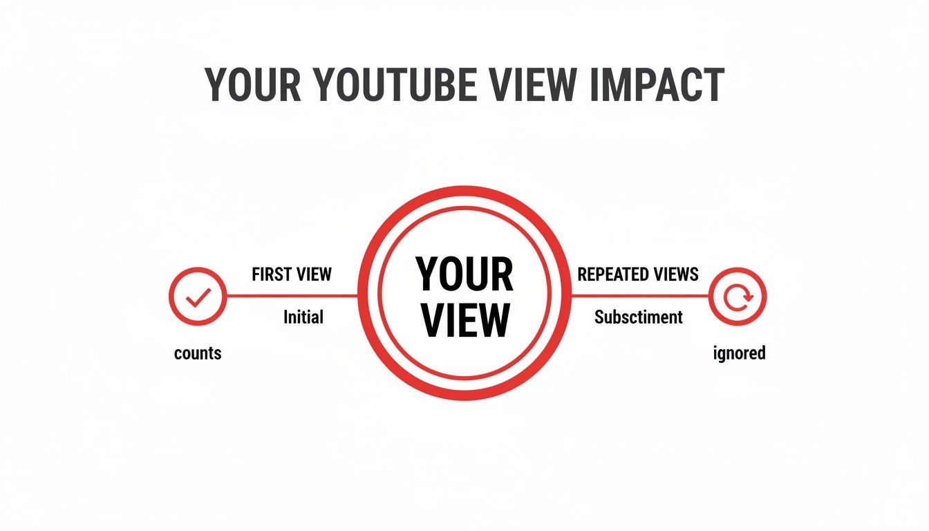 Diagram illustrating YouTube view counting, showing first views count and repeated views are ignored.
