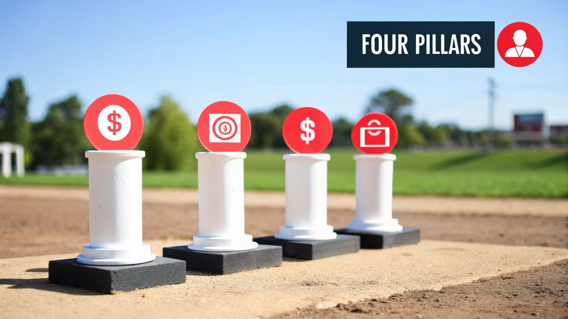 Four pillars with financial and business icons on a baseball field under a blue sky.