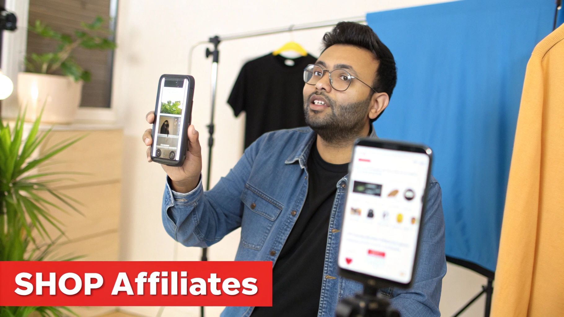 A man in a denim jacket holds two phones, showcasing affiliate marketing and e-commerce with a 'SHOP Affiliates' banner.