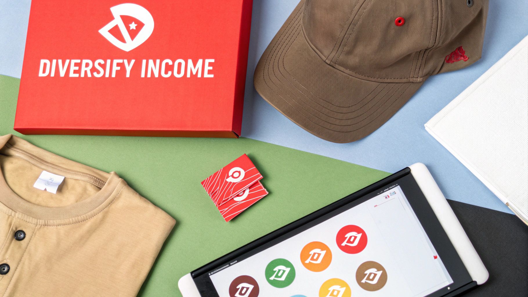A creator planning diverse income streams on a whiteboard, showing affiliate links, merchandise, and sponsorships.