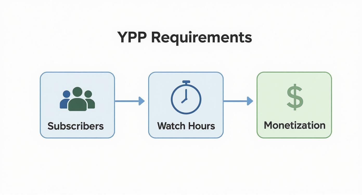 Flowchart illustrating the YouTube Partner Program (YPP) requirements: subscribers, watch hours, and monetization.