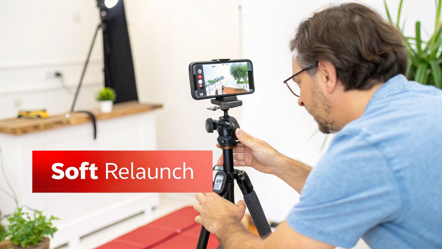 A man adjusts a smartphone on a tripod, capturing video, with a 'Soft Relaunch' banner.