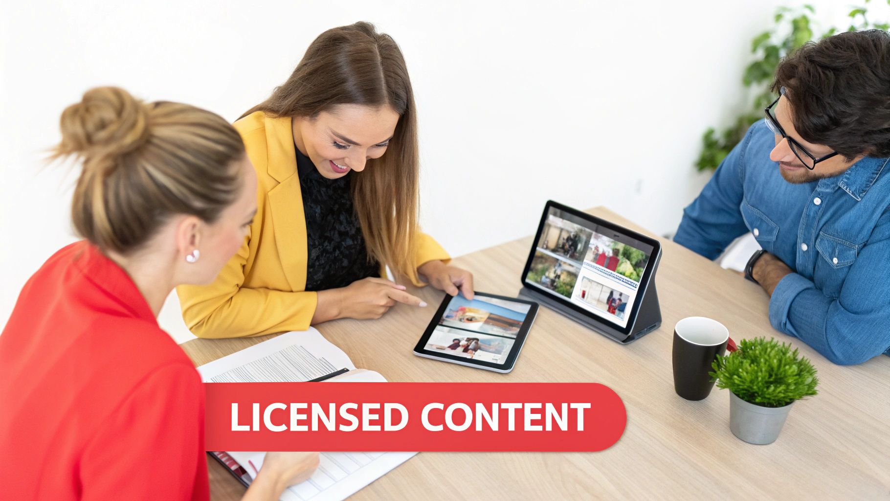 A marketing agency team collaborates in an office, with stock photos and video clips visible on their computer screens, illustrating the use of licensed content in a business setting.