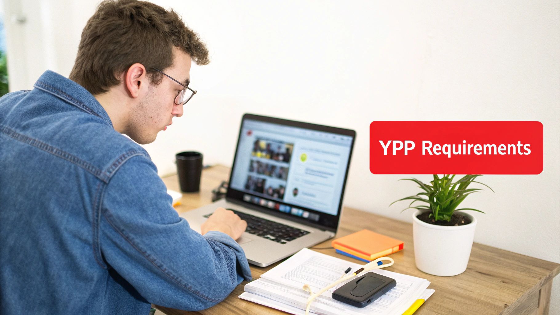 A young man works on a laptop displaying video content, with a red 'YPP Requirements' text overlay.