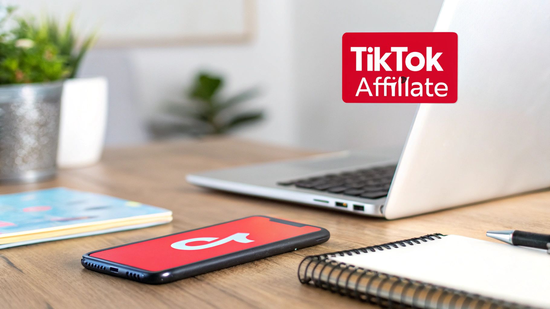A desk with a laptop, smartphone displaying the TikTok logo, notebook, and a 'TikTok Affiliate' graphic, implying online work.